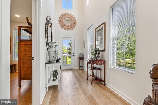 hallway featuring light wood-type flooring, baseboards, and healthy amount of natural light