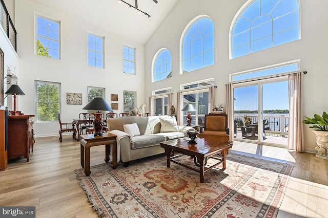 living room featuring a high ceiling, light wood-type flooring, and baseboards
