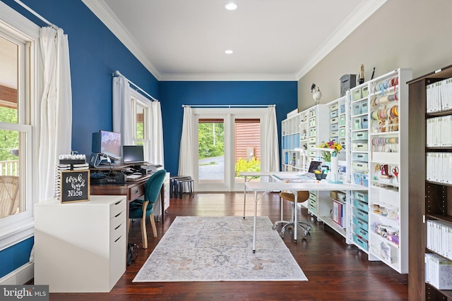 94 Tomahawk Way, Linden, VA 22642 - office area with ornamental molding, wood finished floors, and recessed lighting