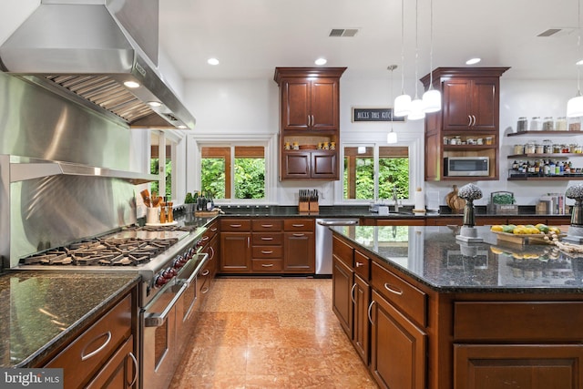 94 Tomahawk Way, Linden, VA 22642 - kitchen with wall chimney exhaust hood, appliances with stainless steel finishes, open shelves, a sink, and recessed lighting