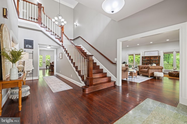 94 Tomahawk Way, Linden, VA 22642 - entrance foyer with stairs, plenty of natural light, a towering ceiling, hardwood / wood-style flooring, and a chandelier