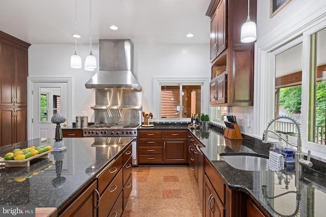 94 Tomahawk Way, Linden, VA 22642 - kitchen with wall chimney exhaust hood, healthy amount of natural light, decorative light fixtures, a sink, and recessed lighting