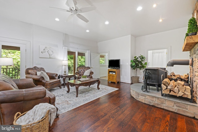 94 Tomahawk Way, Linden, VA 22642 - living area featuring a wood stove, ceiling fan, recessed lighting, and dark wood-style floors