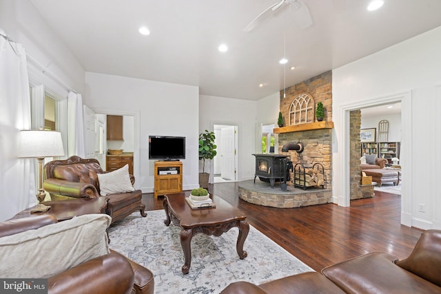 94 Tomahawk Way, Linden, VA 22642 - living area with a wood stove, wood finished floors, recessed lighting, and ceiling fan