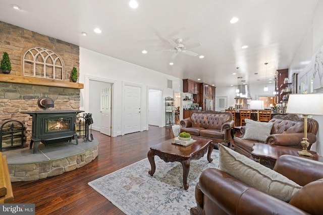 94 Tomahawk Way, Linden, VA 22642 - living room featuring ceiling fan, dark wood finished floors, a wood stove, and recessed lighting