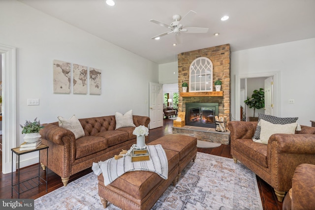 94 Tomahawk Way, Linden, VA 22642 - living area featuring wood finished floors, a ceiling fan, a stone fireplace, lofted ceiling, and recessed lighting