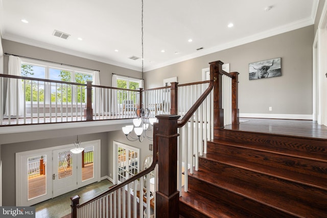 94 Tomahawk Way, Linden, VA 22642 - stairway featuring a chandelier, baseboards, recessed lighting, and ornamental molding