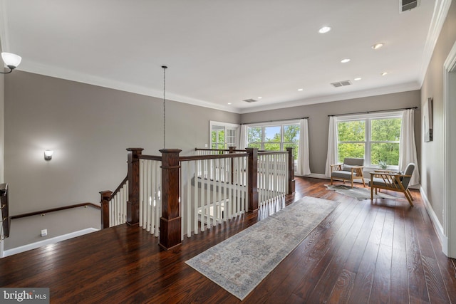 94 Tomahawk Way, Linden, VA 22642 - hallway with an upstairs landing, crown molding, hardwood / wood-style floors, baseboards, and recessed lighting