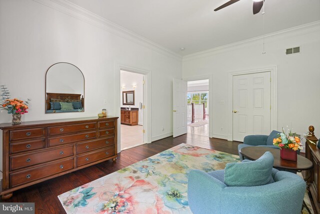 94 Tomahawk Way, Linden, VA 22642 - living area featuring ornamental molding, dark wood-style flooring, a ceiling fan, and baseboards