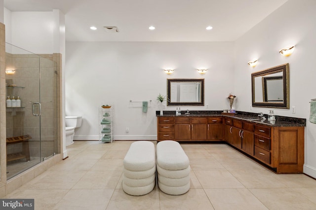 94 Tomahawk Way, Linden, VA 22642 - full bath featuring double vanity, tile patterned floors, a shower stall, toilet, and recessed lighting