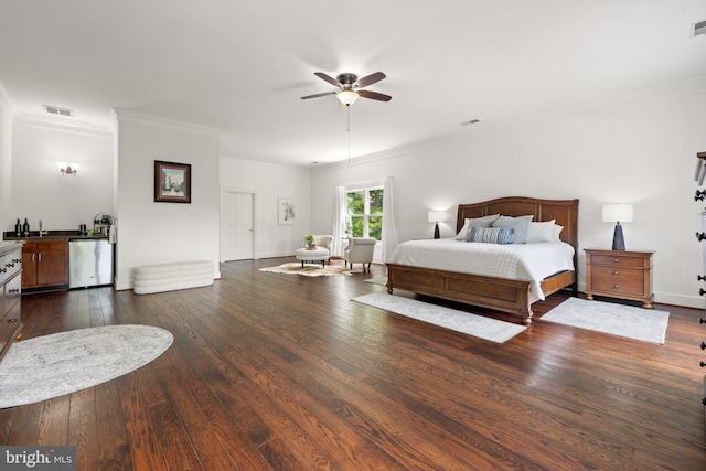 94 Tomahawk Way, Linden, VA 22642 - bedroom featuring dark wood-type flooring, ornamental molding, baseboards, fridge, and ceiling fan