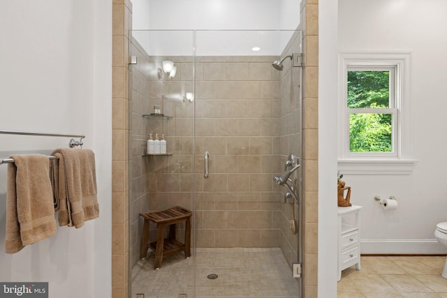 94 Tomahawk Way, Linden, VA 22642 - bathroom with a shower stall, toilet, baseboards, and tile patterned flooring