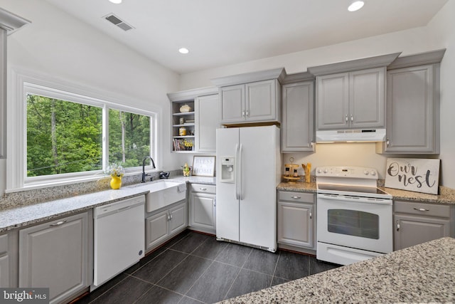 94 Tomahawk Way, Linden, VA 22642 - kitchen featuring white appliances, gray cabinets, under cabinet range hood, a sink, and open shelves