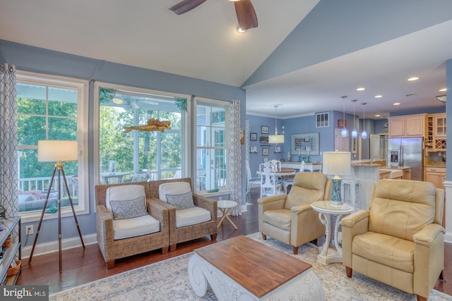 20785 Rodney Dr, Rehoboth Beach, DE 19971 - living room featuring light wood finished floors, vaulted ceiling, a ceiling fan, baseboards, and recessed lighting