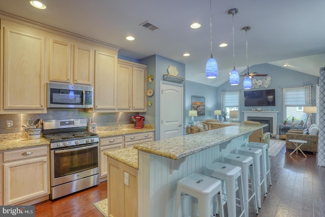 20785 Rodney Dr, Rehoboth Beach, DE 19971 - kitchen with appliances with stainless steel finishes, open floor plan, ceiling fan, dark wood finished floors, and light brown cabinetry