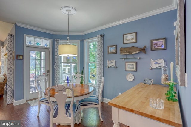 20785 Rodney Dr, Rehoboth Beach, DE 19971 - dining area featuring baseboards, dark wood-style floors, and ornamental molding