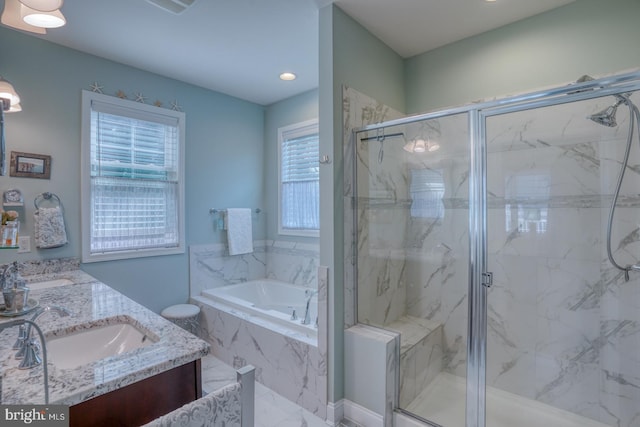 20785 Rodney Dr, Rehoboth Beach, DE 19971 - full bathroom with a garden tub, a marble finish shower, double vanity, and recessed lighting