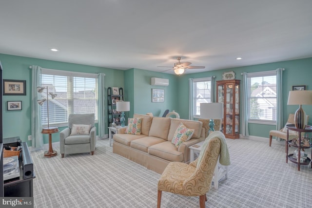 20785 Rodney Dr, Rehoboth Beach, DE 19971 - living area with a wall mounted air conditioner, carpet floors, baseboards, recessed lighting, and ceiling fan