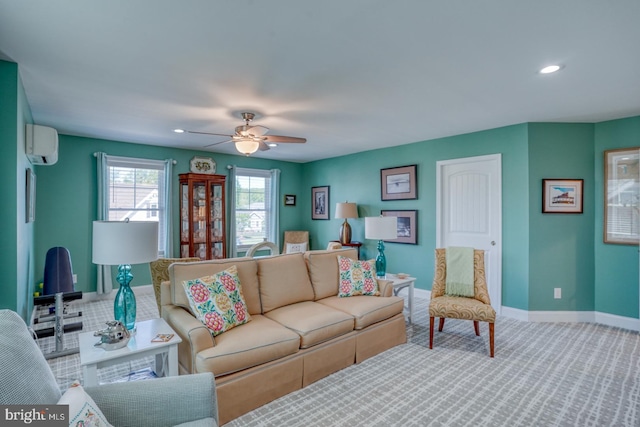 20785 Rodney Dr, Rehoboth Beach, DE 19971 - living area featuring a wall mounted air conditioner, ceiling fan, baseboards, recessed lighting, and carpet floors