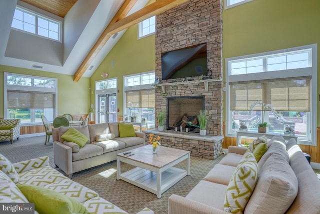 20785 Rodney Dr, Rehoboth Beach, DE 19971 - living room with high vaulted ceiling, carpet flooring, beam ceiling, and a fireplace