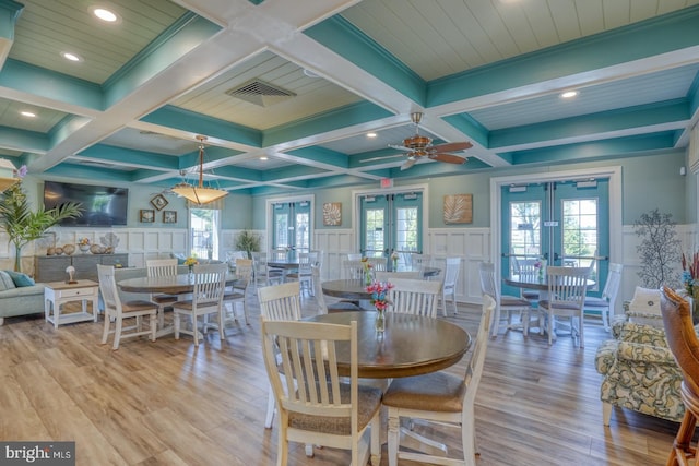 20785 Rodney Dr, Rehoboth Beach, DE 19971 - dining space featuring french doors, a decorative wall, coffered ceiling, beam ceiling, and wood finished floors