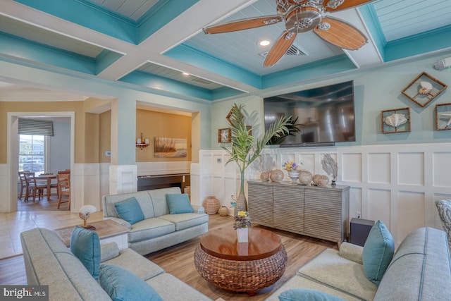 20785 Rodney Dr, Rehoboth Beach, DE 19971 - living room with coffered ceiling, beam ceiling, a decorative wall, ceiling fan, and wainscoting