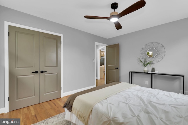 2129 Saranac St, Hyattsville, MD 20783 - bedroom with light wood-style floors, baseboards, ceiling fan, and a closet