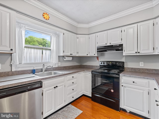 35775 Clam Ave, Frankford, DE 19945 - kitchen with dishwasher, black / electric stove, under cabinet range hood, a sink, and a textured ceiling
