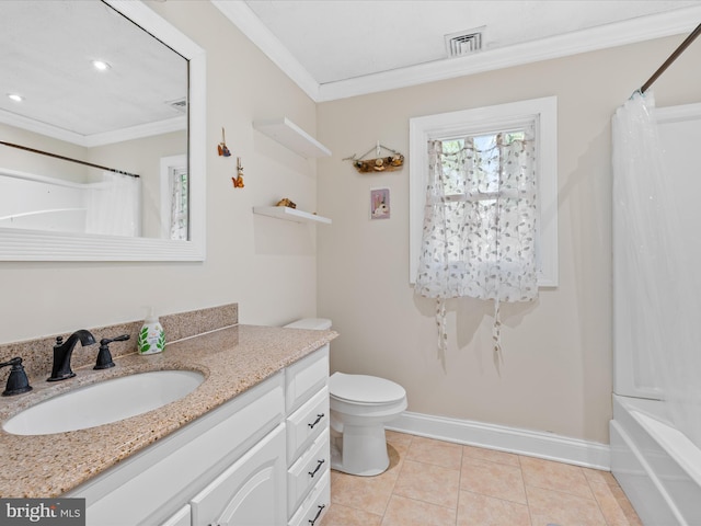 35775 Clam Ave, Frankford, DE 19945 - full bath featuring vanity, crown molding, toilet, tile patterned floors, and shower / tub combo with curtain