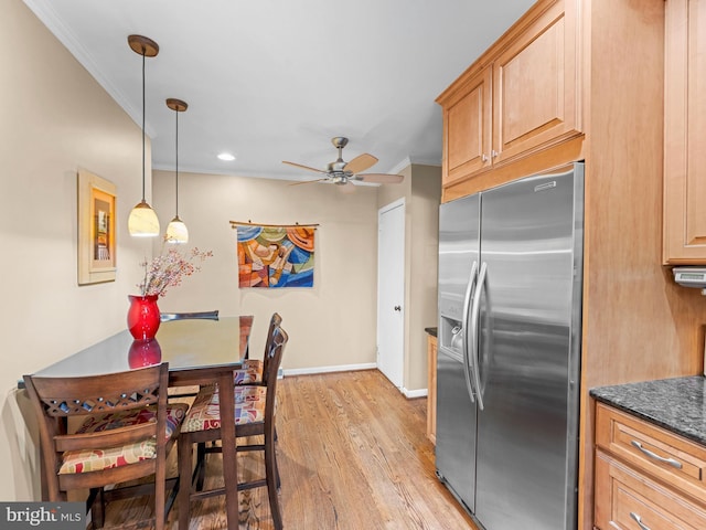 129 Kingston Rd, Cheltenham, PA 19012 - kitchen with stainless steel refrigerator with ice dispenser, crown molding, light wood-type flooring, a ceiling fan, and baseboards
