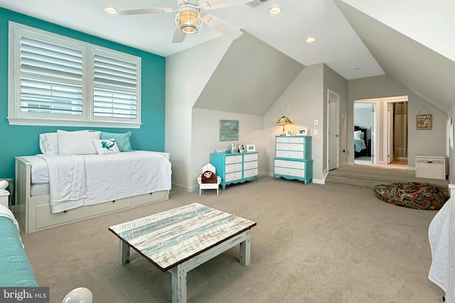 31840 Carmine Dr, Rehoboth Beach, DE 19971 - carpeted bedroom with lofted ceiling, ceiling fan, and recessed lighting