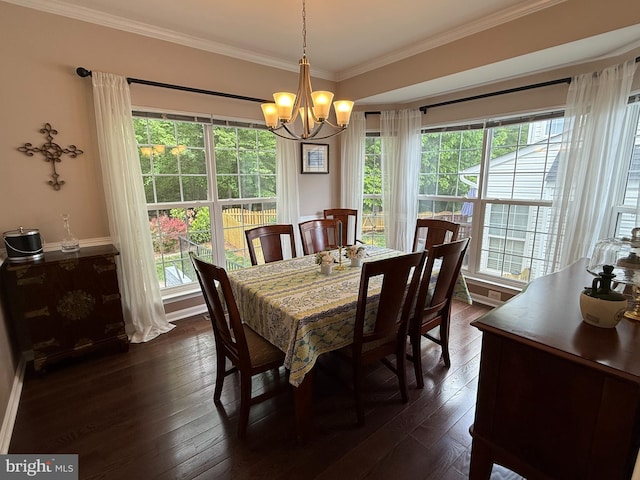 5280 Gunston Hall Dr, Woodbridge, VA 22193 - dining space featuring a chandelier, dark wood finished floors, crown molding, and baseboards