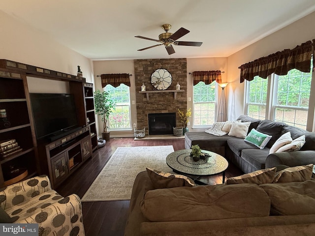 5280 Gunston Hall Dr, Woodbridge, VA 22193 - living room with ceiling fan, dark wood-style floors, and a stone fireplace