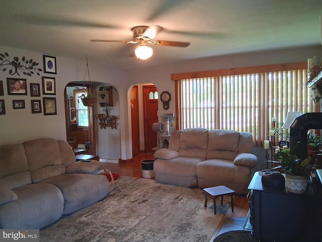 234 Bethel Grange Rd, Winchester, VA 22603 - living area featuring arched walkways, a ceiling fan, and wood finished floors