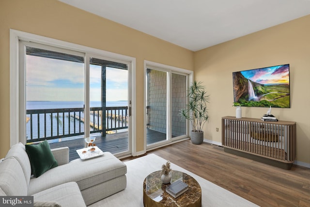 living room featuring wood finished floors, baseboards, and a water view