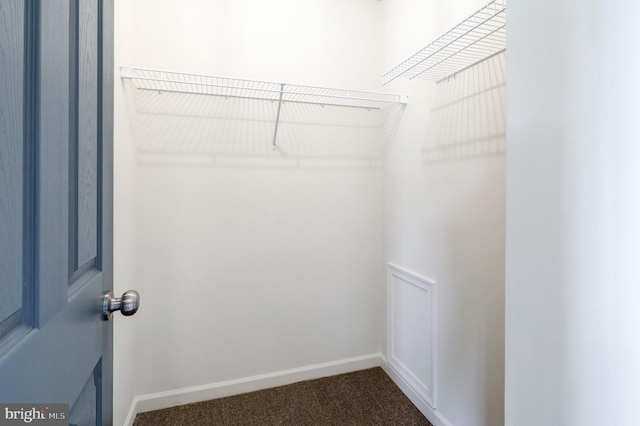 walk in closet featuring dark colored carpet