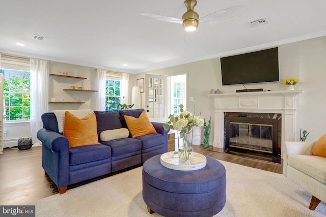 104 River Forest Ln, Fort Washington, MD 20744 - living room featuring wood finished floors, a premium fireplace, ornamental molding, a ceiling fan, and recessed lighting