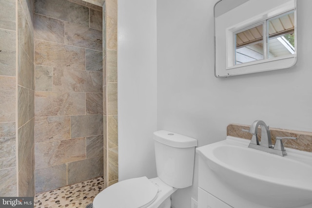 bathroom featuring a stall shower, toilet, and vanity