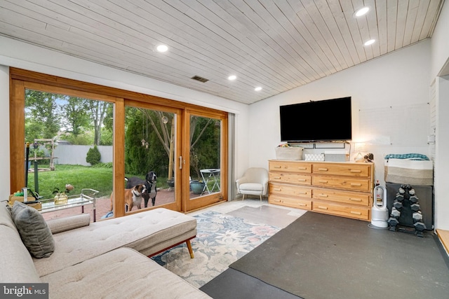 8102 Wingfield Pl, Alexandria, VA 22308 - living area with lofted ceiling, recessed lighting, french doors, and wooden ceiling