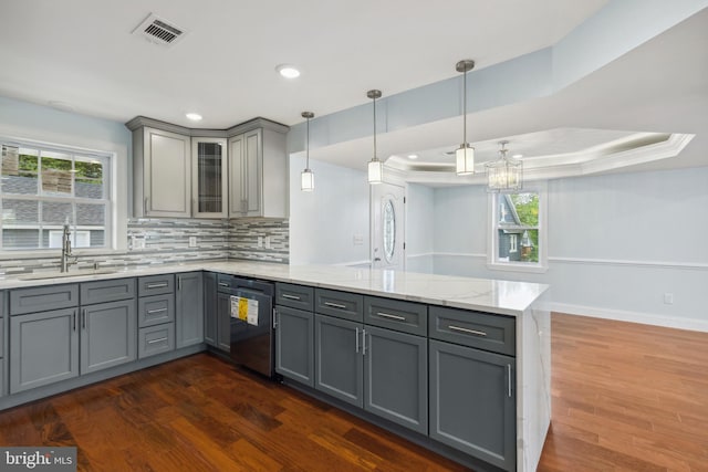 7608 Avondale Ave, Baltimore, MD 21224 - kitchen with gray cabinetry, dishwashing machine, a sink, a peninsula, and recessed lighting