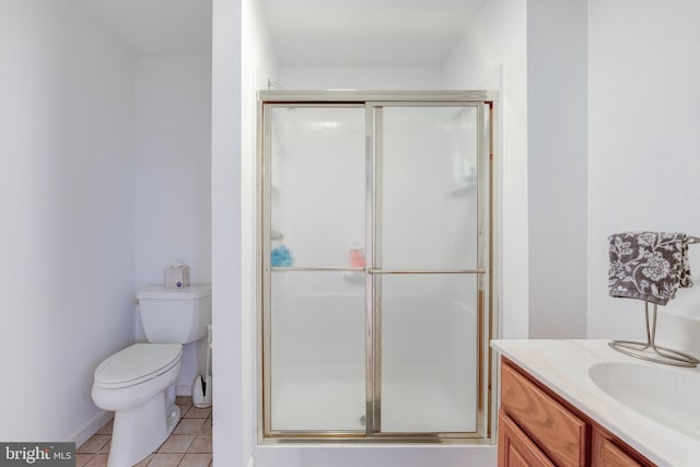 full bath with a shower stall, tile patterned flooring, toilet, and vanity