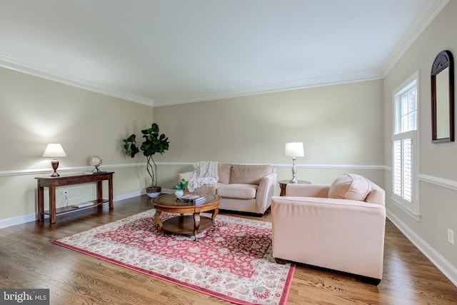 living room featuring wood finished floors, crown molding, and baseboards