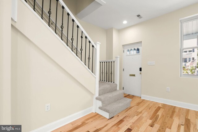 3827 Boarman Ave, Baltimore, MD 21215 - entryway featuring plenty of natural light, stairway, light wood-style floors, baseboards, and recessed lighting
