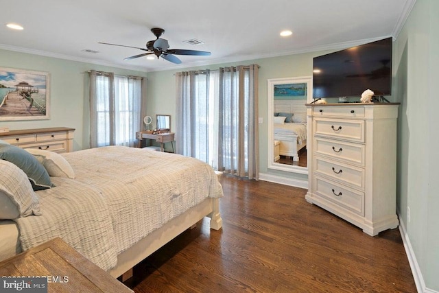 bedroom with dark wood finished floors, ornamental molding, recessed lighting, baseboards, and ceiling fan