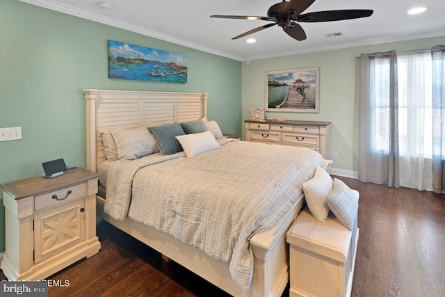 bedroom featuring dark wood-type flooring, recessed lighting, crown molding, a ceiling fan, and baseboards