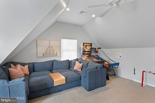 carpeted living area with lofted ceiling, ceiling fan, recessed lighting, and baseboards