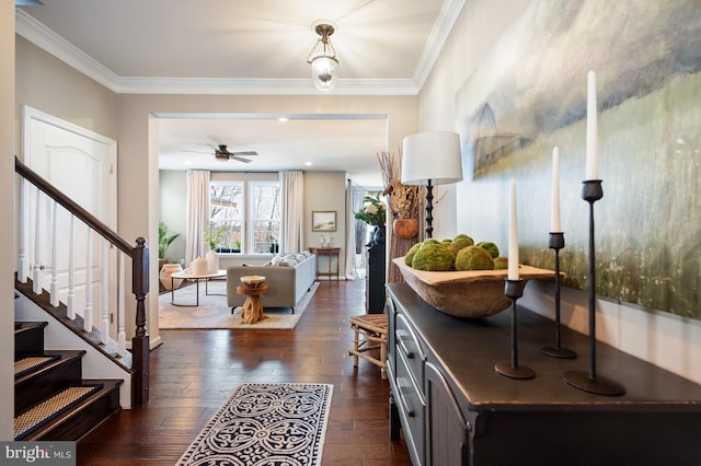 foyer featuring dark wood-style flooring, crown molding, stairway, and a ceiling fan