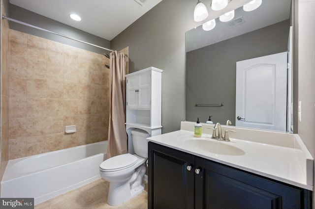 bathroom with toilet, tile patterned floors, shower / tub combo, and vanity