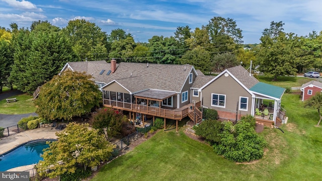 view from above of property featuring a pool