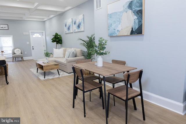 dining space featuring light wood finished floors, coffered ceiling, baseboards, and beam ceiling